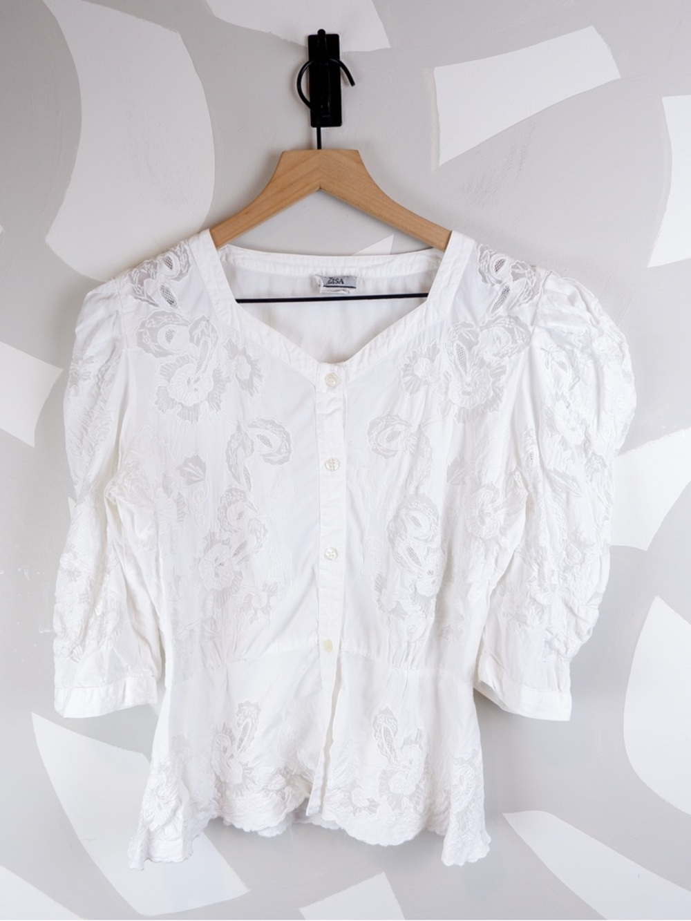 Vintage Mona Lisa 100% Cotton Eyelet Lantern Sleeve Shirt | M